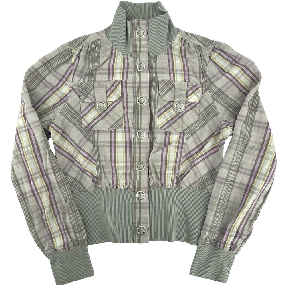 Vintage y2k Women's Grey Purple Yellow Plaid SO Cropped Button Up Jacket Sz M